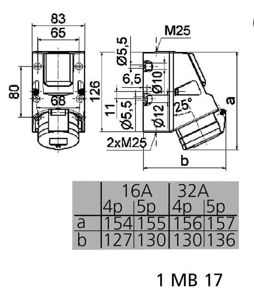 Bals - 001011 - Presa a muro CEE 32A 5P IP44 126x83