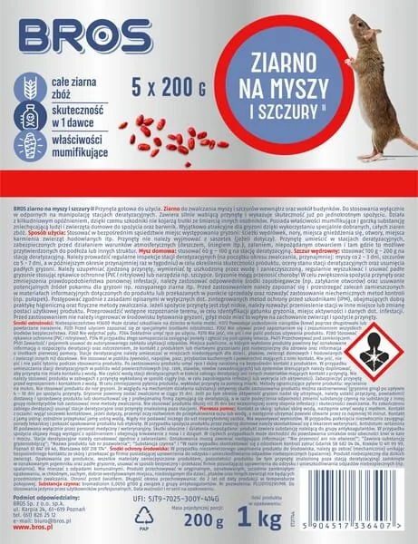 Bros - 15941957 - Cereali esca topicida e ratticida, 1kg - 5 x Doypack 200g