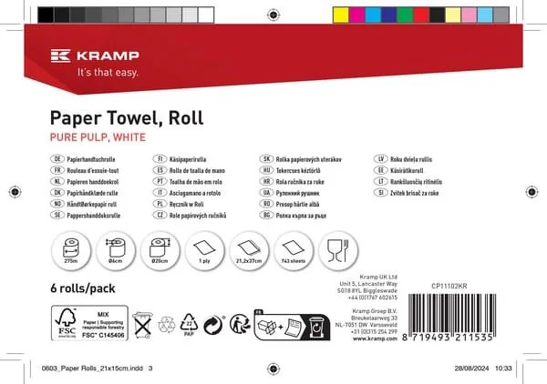 Kramp - CP11102KR - Asciugamani, Bianchi, Su Rotolo, 21 Cm x 275 M, 1-Layer, Diametro Esterno 200 Mm, Rialzati, 6 Rotoli