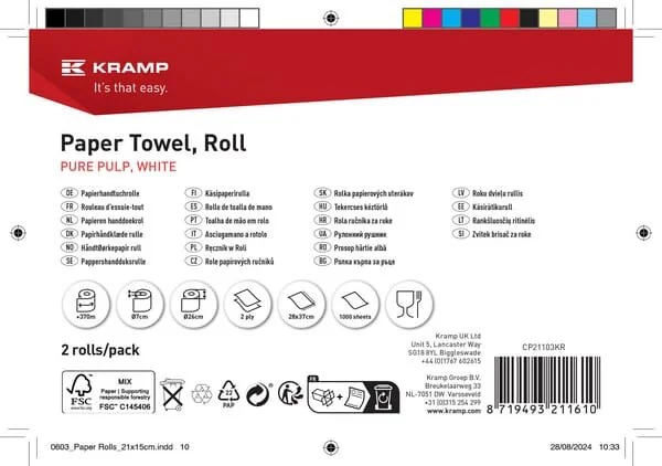 Kramp - CP21103KR - Rotolo di carta asciugamani, bianco, 28cm x 370m, 2 veli, esterno, 2 rotoli