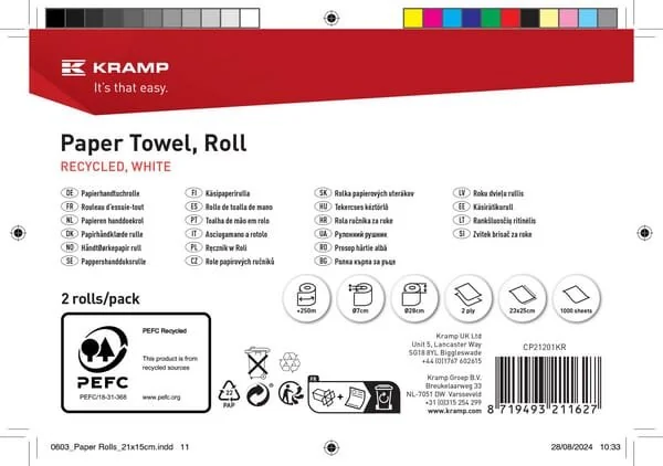 Kramp - CP21201KR - Asciugamani, Bianchi, Su Rotolo, 23 Cm x 250 M, 2 Strati, Diametro Esterno 270 Mm, Rialzati, 2 Rotoli