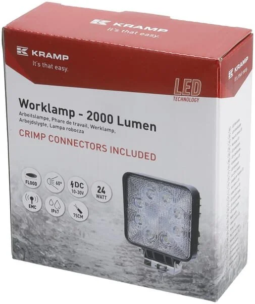 Kramp - LA10901 - Luce da lavoro LED, 24W, 2000lm, quadrata, bianca, mm, fascio ampio