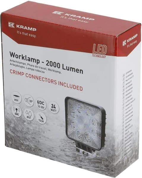 Kramp - LA10903 - Luce da lavoro LED, 24W, 2000lm, quadrata, bianca, mm, spot