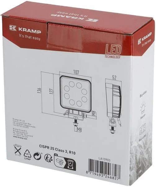 Kramp - LA10903 - Luce da lavoro LED, 24W, 2000lm, quadrata, bianca, mm, spot