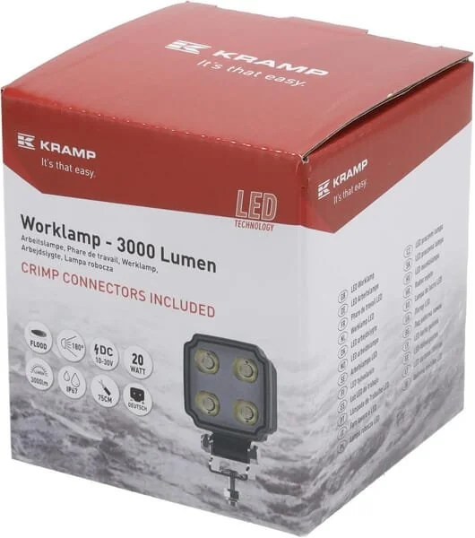 Kramp - LA10905 - Luce da lavoro LED, 20W, 3000lm, quadrata, bianca, mm, Deutsch 2-Pin, fascio ampio