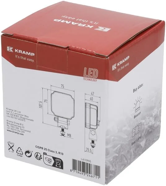 Kramp - LA10905 - Luce da lavoro LED, 20W, 3000lm, quadrata, bianca, mm, Deutsch 2-Pin, fascio ampio