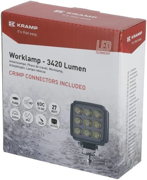 Kramp - LA10908 - Faro lavoro LED, 27W, 3420lm, quadrato, bianco, Mm, Deutsch 2-pin, diffuso