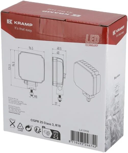 Kramp - LA10908 - Faro lavoro LED, 27W, 3420lm, quadrato, bianco, Mm, Deutsch 2-pin, diffuso
