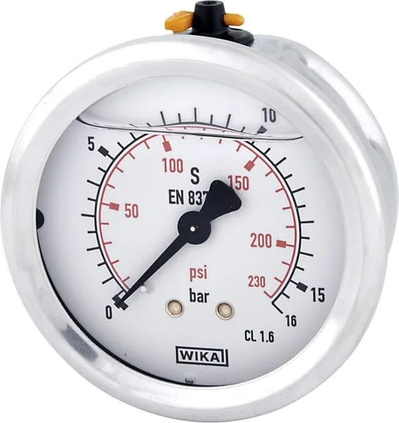 Wika - B711W063016T - Manometro a glicerina, 63 mm, 16 bar, connessione posteriore 1/4 pollice